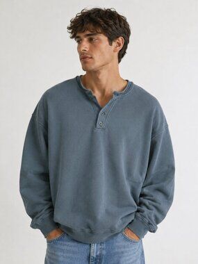 Vintage Russell Sweatshirt Top Henley 90s Streetwear Gray Green XL